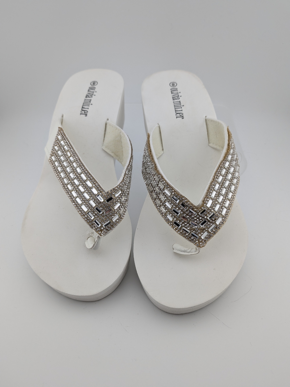 Olivia Miller White Jeweled Wedge Flip Flop Sandals